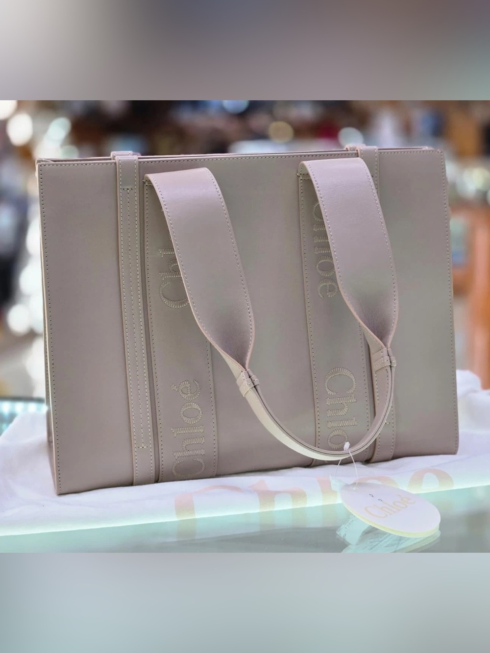 Chloé Pale Blush Beige Leather Medium Tote with Embossed Logo